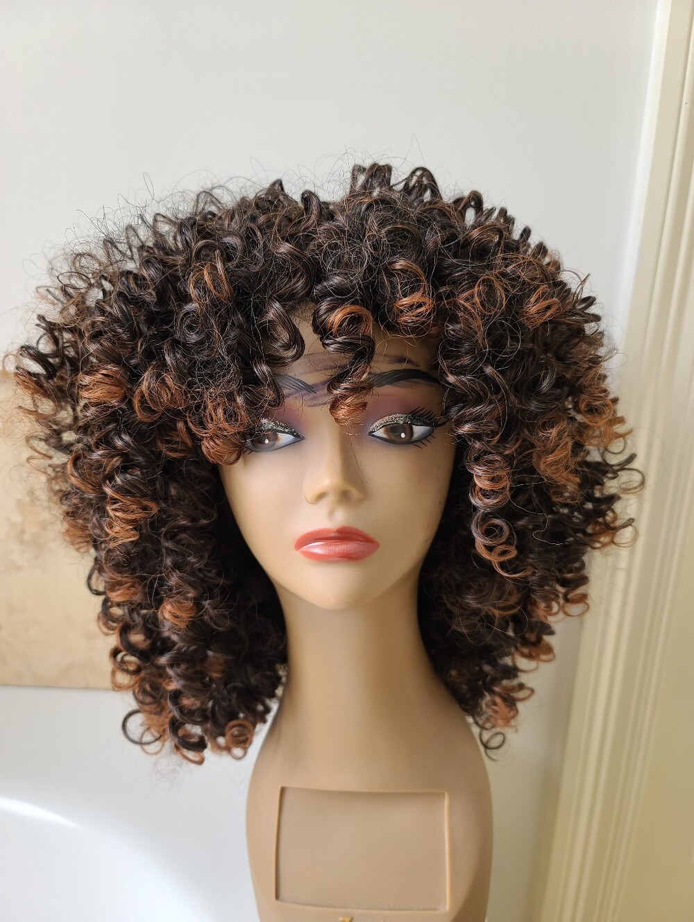Curly Synthetic Wig - Dark Brown with Copper Highlights